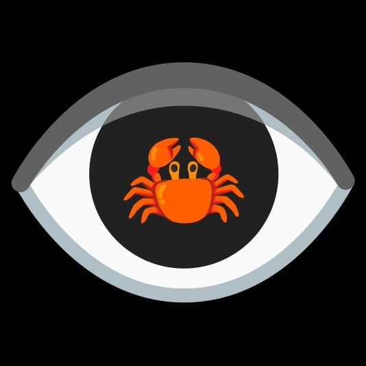An image of an eye with a crab called Ferris, the mascot of the Rust programming language in it.