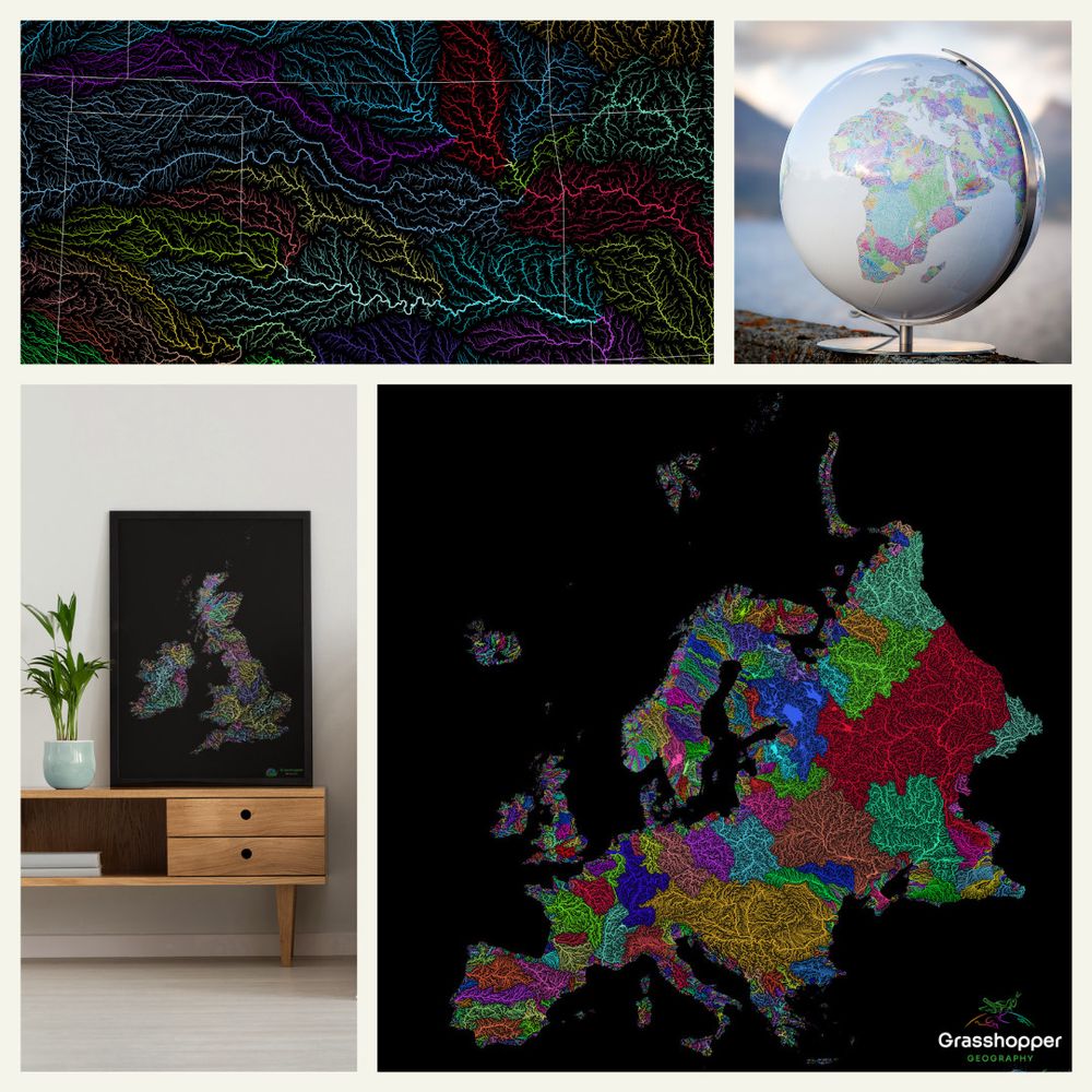 Four images aligned in a grid, showing Grasshopper Geography's work: 1. A colourful river basin map of Oklahoma and surrounding states, showing each catchment area in a different colour. 2. A white river basin globe photographed outside. 3. A mockup image showing a framed map print of Great Britain and Ireland (river basins in pastel colours) in a living room interior. 4. River basin map of Europe with black background with the Grasshopper Geography logo in the bottom right corner.