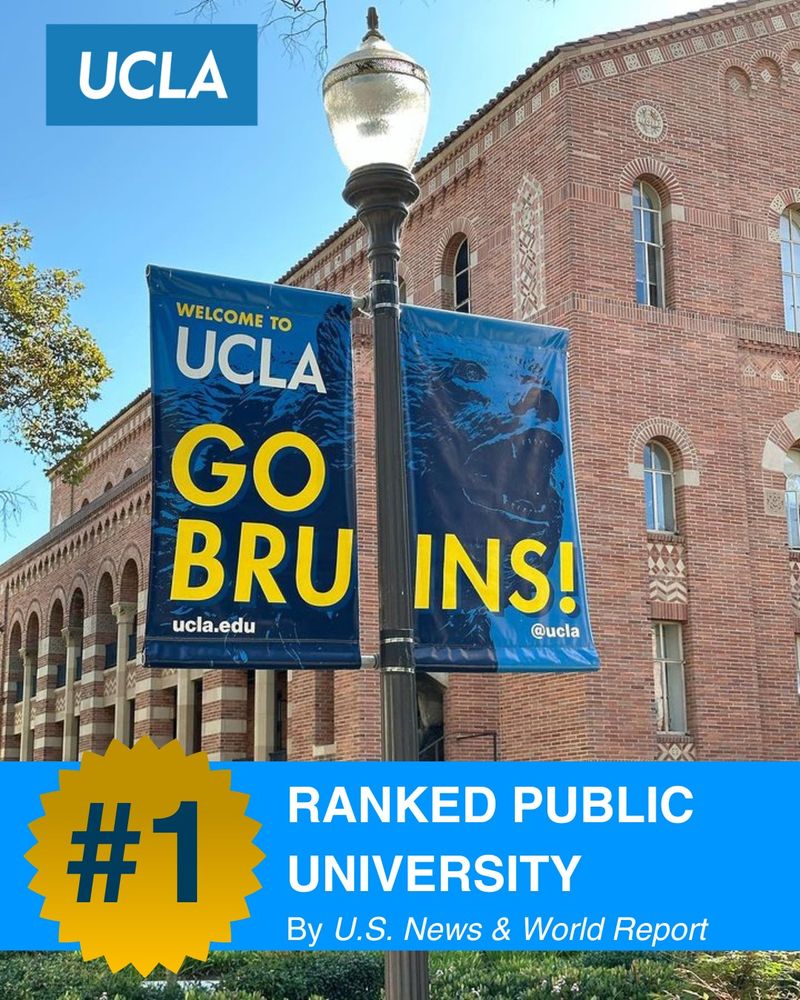 UCLA Powell Library with a banner on a light pole that reads "Welcome to UCLA. Go Bruins! ucla.edu @ucla" Words across the bottom of the screen read, #1 RANKED PUBLIC UNIVERSITY By U.S. News & World Report