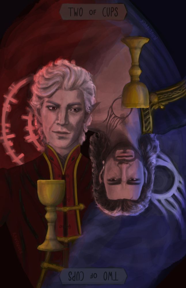 Tarot card of the Two of Cups, featuring Astarion (left) and Gale (right). Astarion's side is in red, whilst Gale's is in blue/purple. Both have gold accents and a gold goblet in front of them. Behind Astarion's head is the illuminated contract which makes up the scar on his back, whereas the pattern of the orb is illuminated behind Gale's head. One person's lighting is also added to the opposite person, and Astarion's eye closest to Gale is more of a human colour (brown/green in places) compared to his left. 