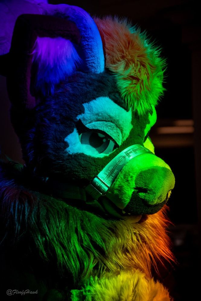 a deer fursuit in rainbow light