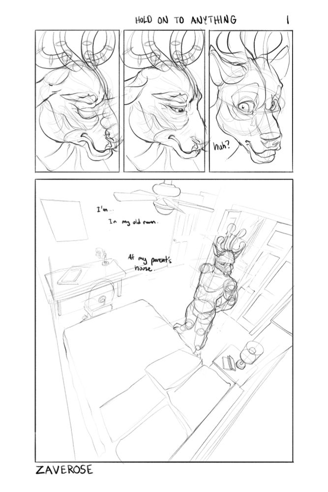 a 4 panel page in a comic titled "HOLD ON TO ANYTHING" page 1, it's an anthro deer standing in a bedroom. He is surprised to be there.