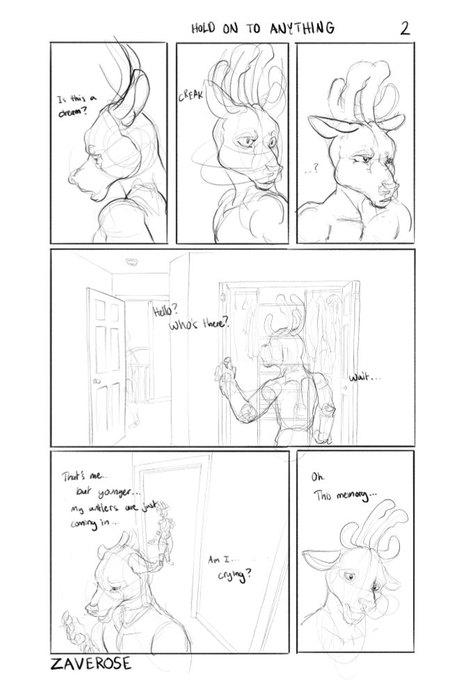 a 6 panel page in a comic titled "HOLD ON TO ANYTHING" page 2, it's an anthro deer looking into a past memory at his younger self.