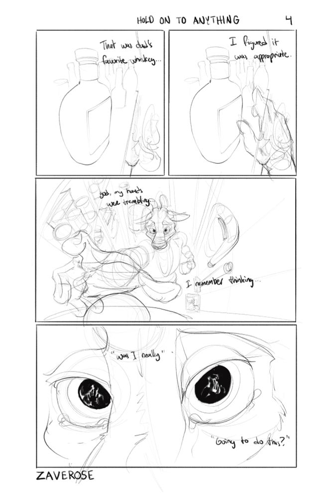 a four panel page in a comic titled "HOLD ON TO ANYTHING" page 4. A teenager aged anthro deer is reaching towards a bottle of whiskey. He looks shaken.