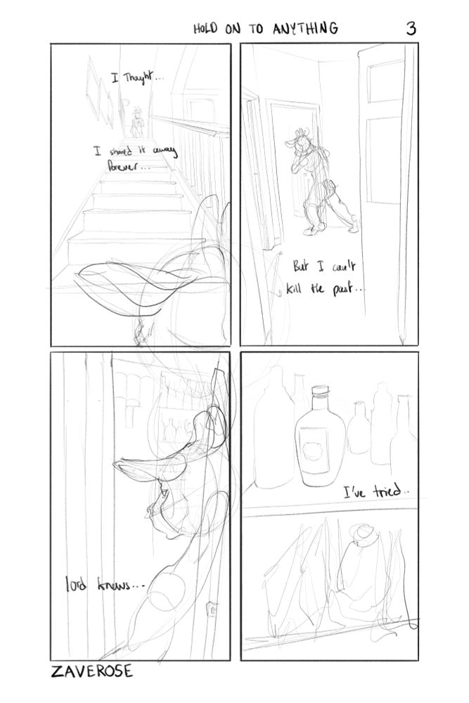 a four panel comic titled "HOLD ON TO ANYTHING" page 3, it's an anthro deer watching the memory replay. He seems regretful as his younger self steps into a liquor cabinet.