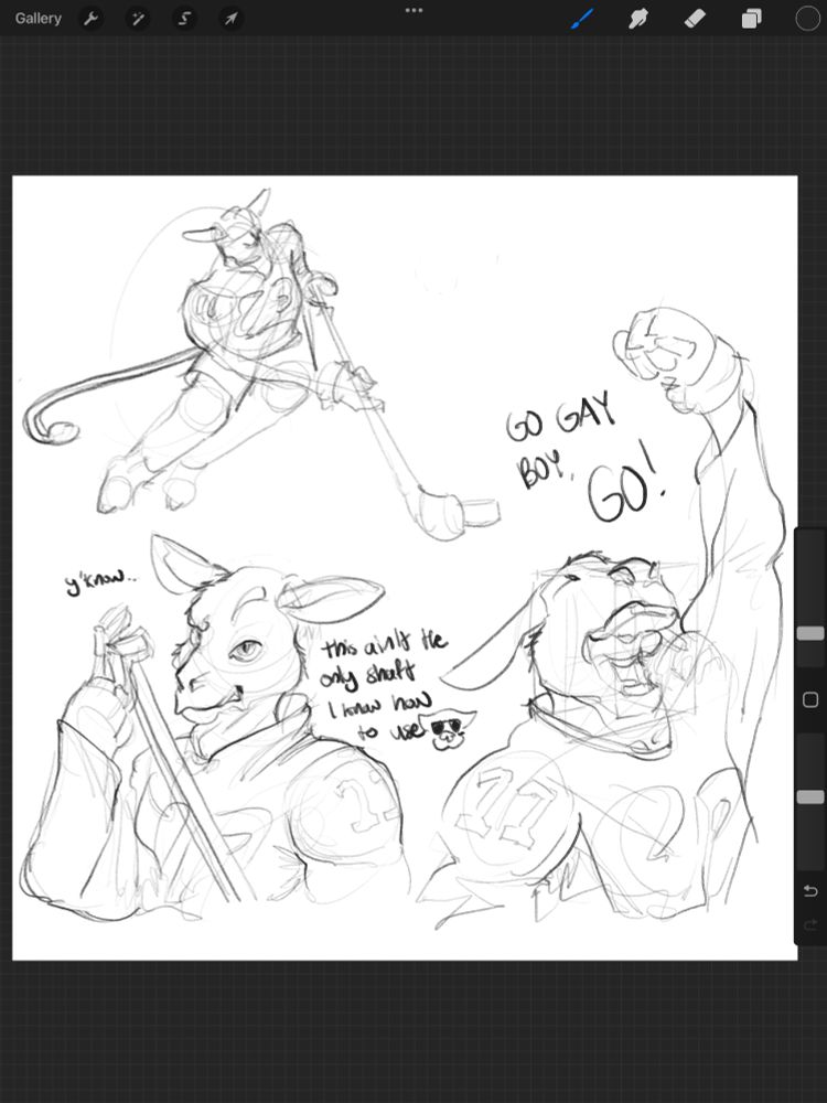 a sketchpage of a deer anthro hockey player