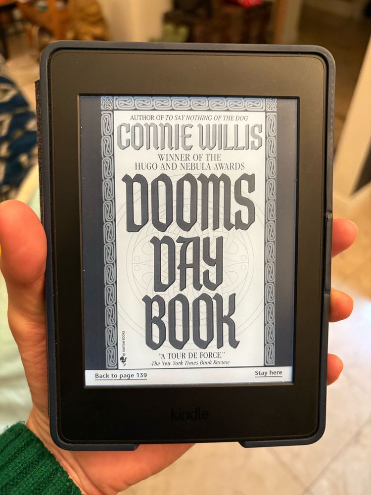 Cover of Doomsday Book by Connie Willis on a kindle 