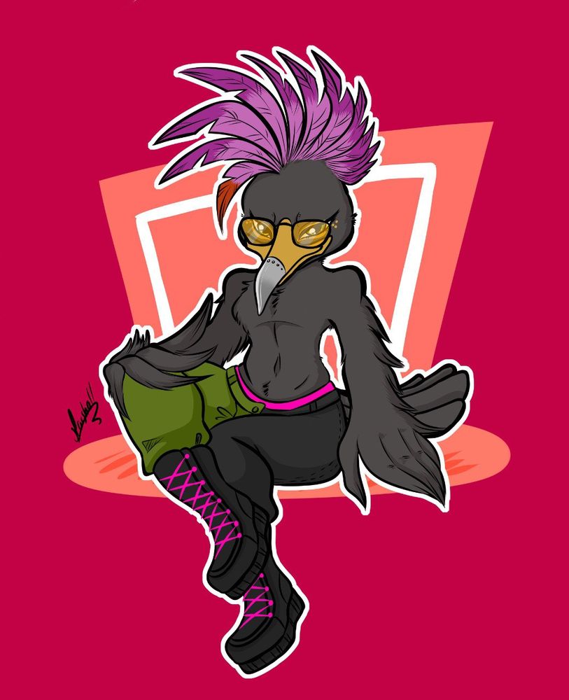 Anthropomorphic blackbird with purple and red extra feathers on them head , topless and wearing glasses , pants & boots ,pink ,black and green. Artist : MarshallAi