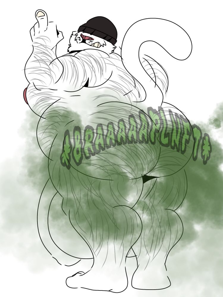 A back view of a naked anthropomorphic white lion with a beanie,farting while showing the middle finger to the viewer,his whole body is covered in body hair,he has a fat body type with an exaggerated penis and breasts 