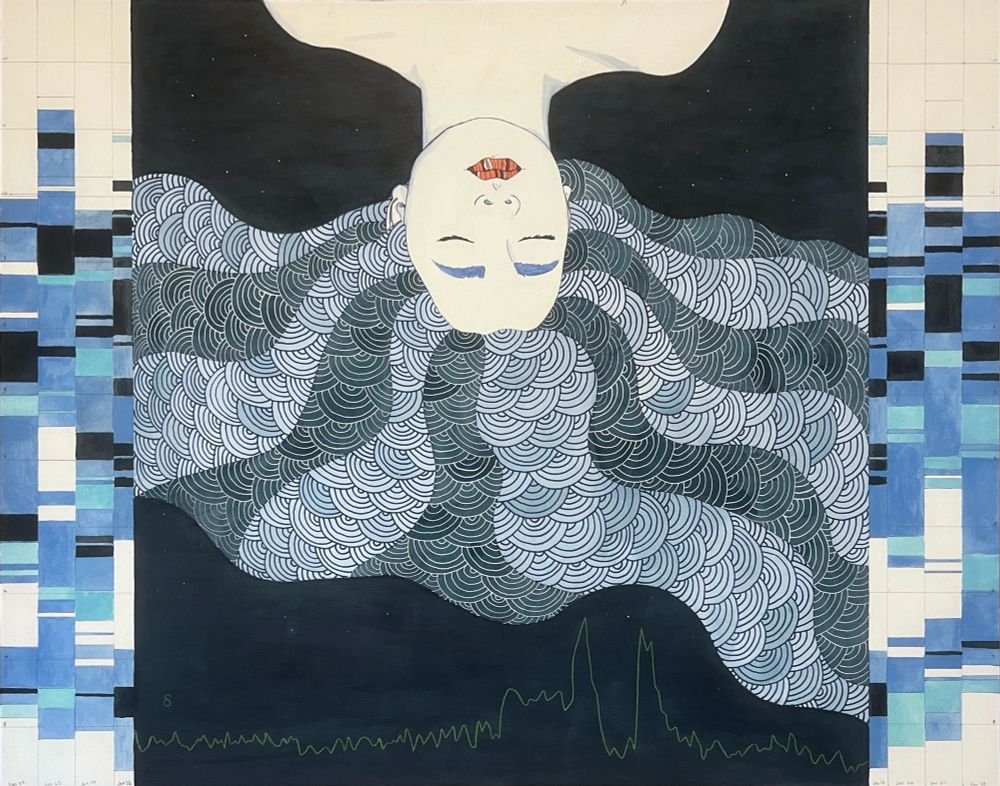Upside-down woman asleep with wave patterns in her hair. Recorded Delta waves patterns in green mark the bottom of the painting. A hypnogram of week’s worth of sleep data frame the figure. Vertical bands present the data: Deep sleep is indicated my midnight blue, light blue is light sleep, pale blue is REM and white is awake. 

#art #painting