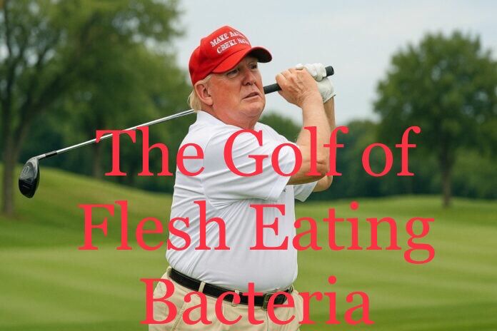 Trump golfing with The Golf of Flesh Eating Bacteria on the photo
