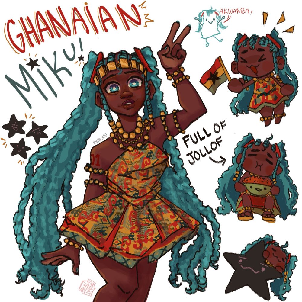 Ghanaian Hatsune Miku. She has long turquoise braids in two high ponytails and a kente cloth dress with lots of gold bead jewelry. There are three chibis of her on the side. One of them says “full of Jollof”