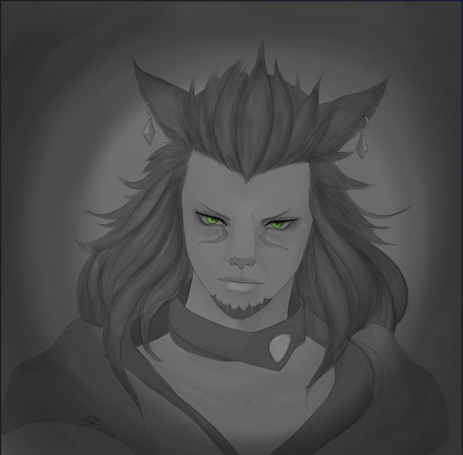 Grayscale portrait of D'lagan glaring at the camera. Only his irises are colored, a bright green. 