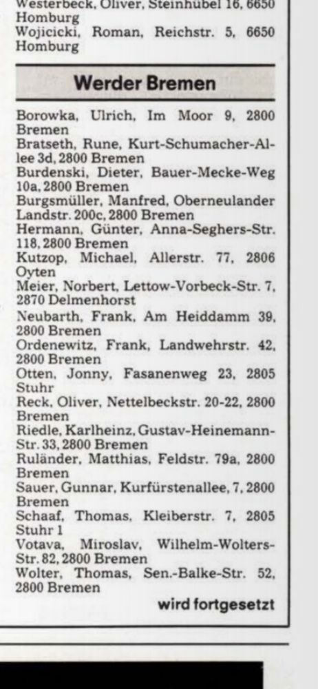 Autogrammadressen der Werder Bremen Spieler aus der Saison 1987/88