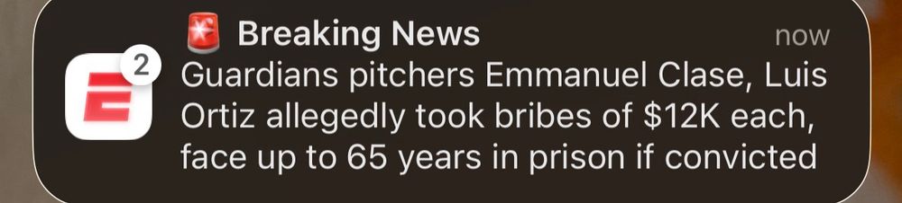 ESPN breaking news alert: Guardiand pitchers Emmanuel clase, Luis Ortiz allegedly took brides of $12K each, face up to 65 years in prison if convicted 