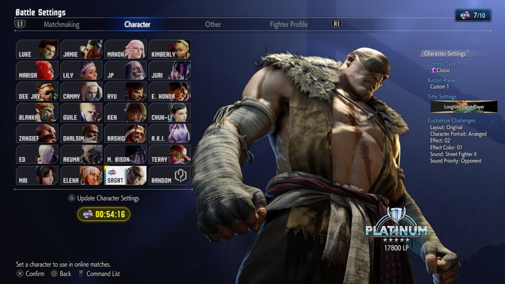 Rental Fighter Sagat who I did placement matches with and got Plat 5