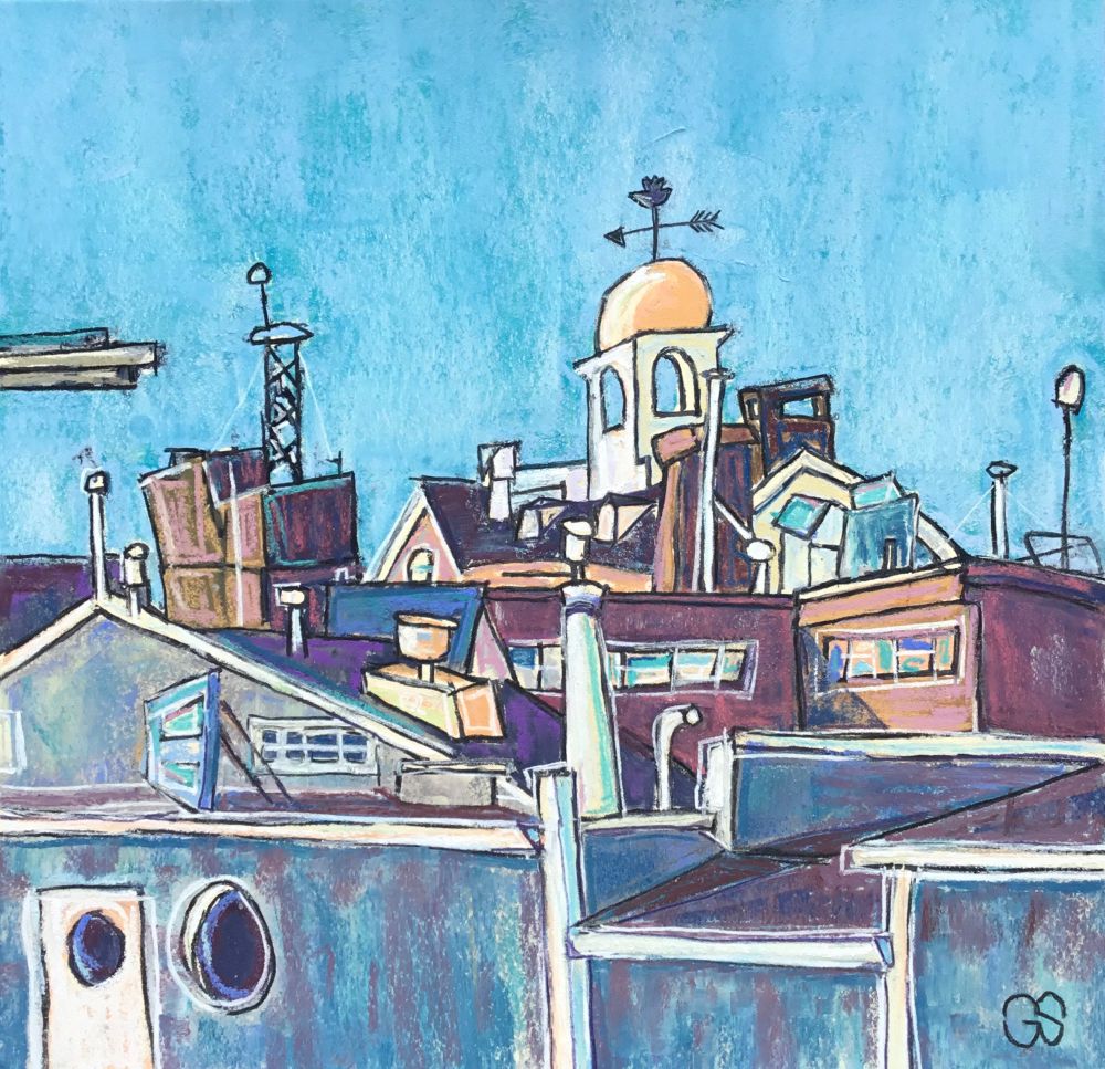 Colorful abstracted view of a rooftop scene in Woods Hole, a village of Falmouth in Cape Cod, MA.  Painted for your enjoyment in soft pastels.  