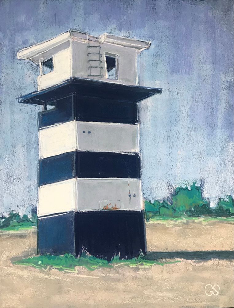 Soft pastel painting of the blue and white striped tower at the beach in West Island, Fairhaven, MA 