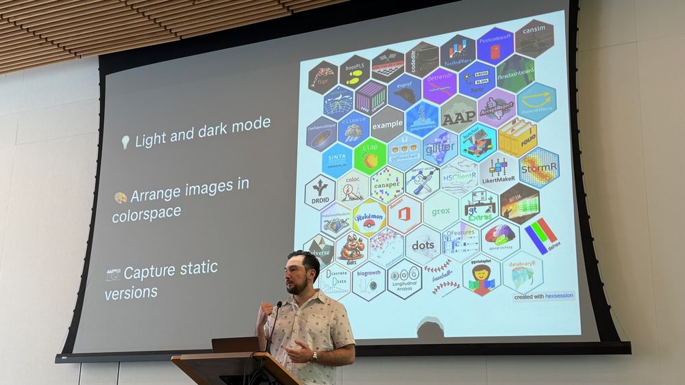 Luis stands in front of a slide showing many hex logos tiled on a web page.