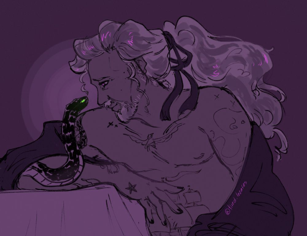 Ed relaxing in his robe and looking at his snake tattoo, who is Izzy