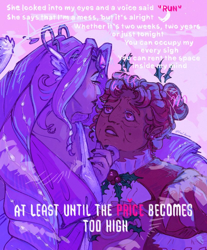 Eternal Sugar caressing Hollyberry's face with "Red Flags and long nights" lyrics written beside them