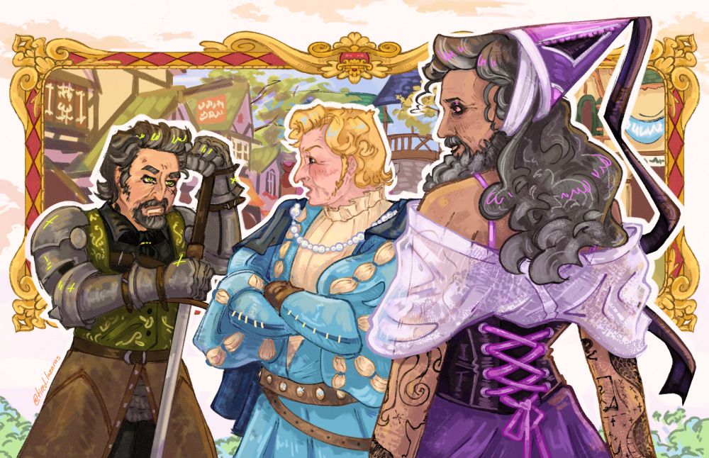 Steddyhands at a renfair. Izzy is wearing light armour with green vest under it, Stede is wearing a light blue blouse with blue caplet held by pearls and Ed is wearing a purple dress with white shawl and a hennin with a ribbon. Stede and Izzy are arguing while Ed looks over them.