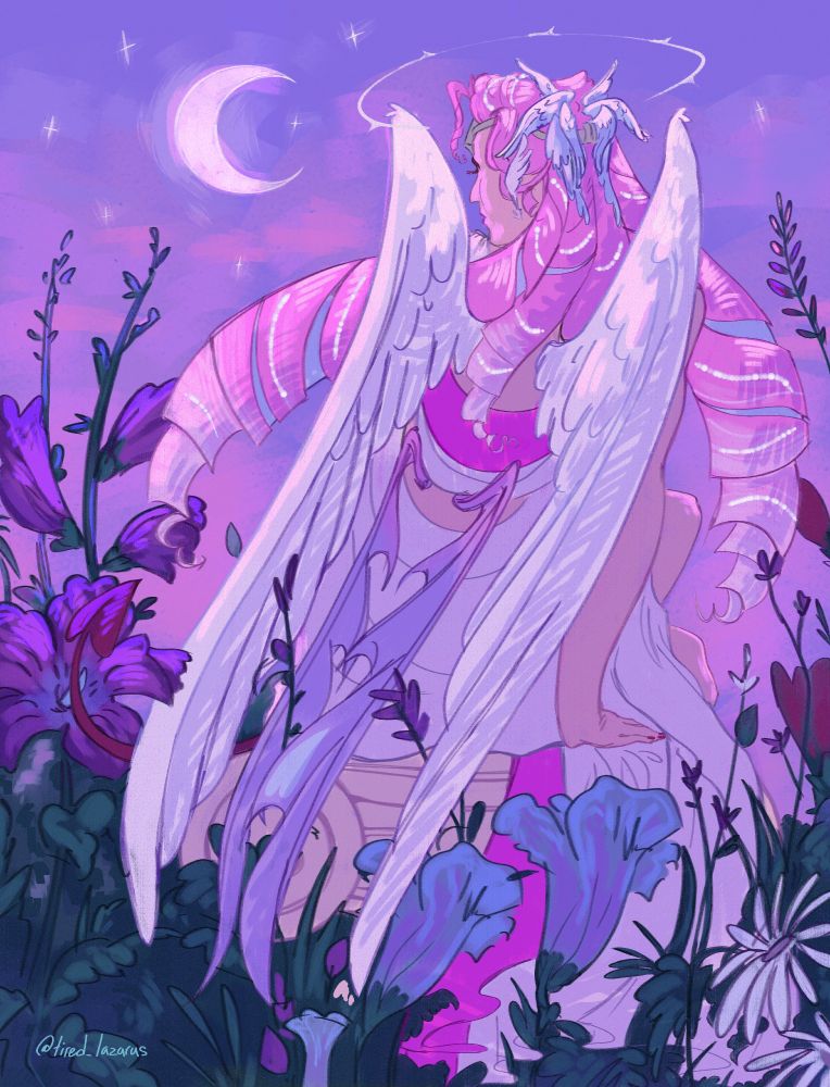 Eternal Sugar cookie sitting on a pillar, surrounded by flowers with her back turned to the viewer