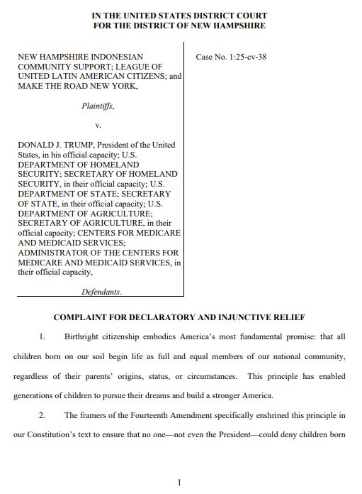 Birthright Citizenship Complaint Page 1