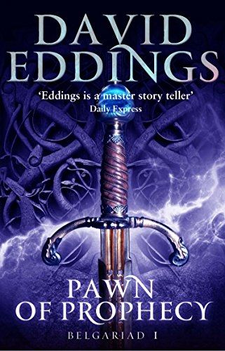Book cover of Pawn of Prophecy, by David Eddings, featuring a sword in front of a purple background. 