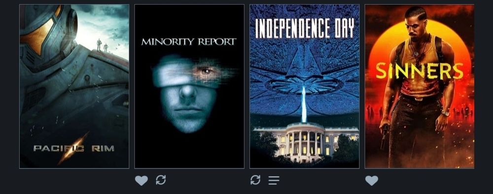 Screenshot from Letterboxd app of last four recently seen movies. From left to right: Pacific Rim, Minority Report, Independence Day, and Sinners