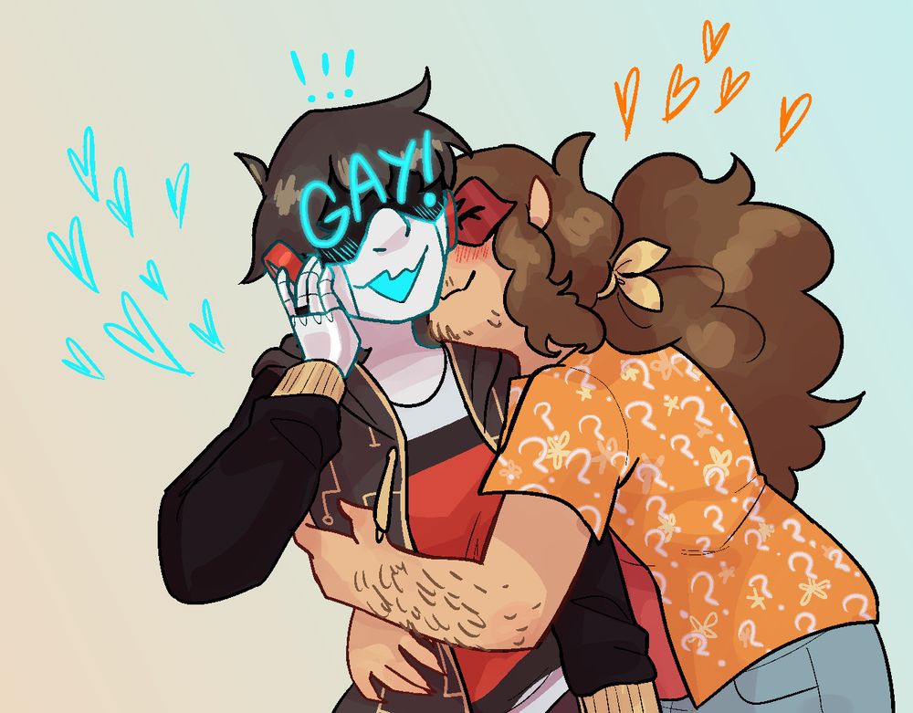 Fanart of Larry the Florida Man and Hackerman J0hn from the webseries CPU Kerfuffle. Larry, a person with bushy brown hair in a ponytail and wearing a red masquerade mask, is enthusiastically kissing J0hn, a cyborg, on the cheek while embracing him. The electronic visor that makes up the top half of J0hn's face reads 'GAY!' in bright cyan letters.