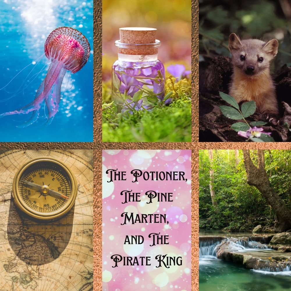 Moodboard featuring photographs of a jellyfish, a corked jar with flowers in a clear liquid, a pine marten, a compass on top of an old map, and a forest pool. 
