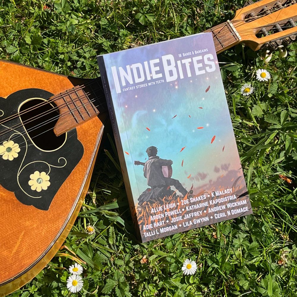 A paperback copy of Bards & Bargains propped against an antique mandolin on a daisy-dotted lawn. 
