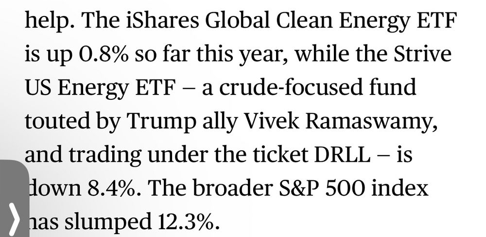 “The iShares Global Clean Energy ETF is up 0.8% so far this year, while the Strive US Energy ETF … is down by 8.4%.”