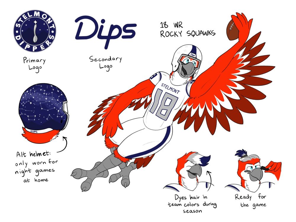A page of drawings:

- The Dippers' primary logo, a midnight blue circle with "STELMONT DIPPERS" and a silver spoon with a star on the end, representing the constellation Ursa Minor
- Stelmont's secondary logo, the shortened "Dips" in a looping, futuristic font
- Rocky, my red parrot OC, in an all-white Stelmont football uniform, diving to catch a football with one hand
- A couple bust drawings of Rocky: one showing him without his helmet, with long, floppy hair dyed midnight blue, white, and silver. He dyes his hair in the team colors during the season. Another drawing shows him preparing for the game, with his hair tied back and applying eye black, which will read "SQUAAAAAAAAWK" from left to right.
- A back view of Stelmont's alternate helmet, which is only worn at home during night games. It's midnight blue and reflects the night sky seen from the northern hemisphere in the fall, with the lines connecting recognizable constellations drawn.