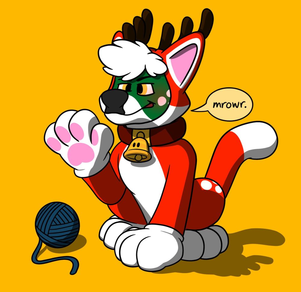 Merry wearing a red cat suit from Super Mario 3D World, looking unpleased and begrudgingly saying "mrowr."