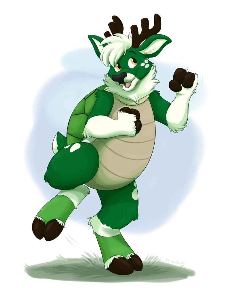 An anthro green deer in a green Koopa shell doing that dance that Koopas do whenever a “bah” plays in the New Super Mario Bros games