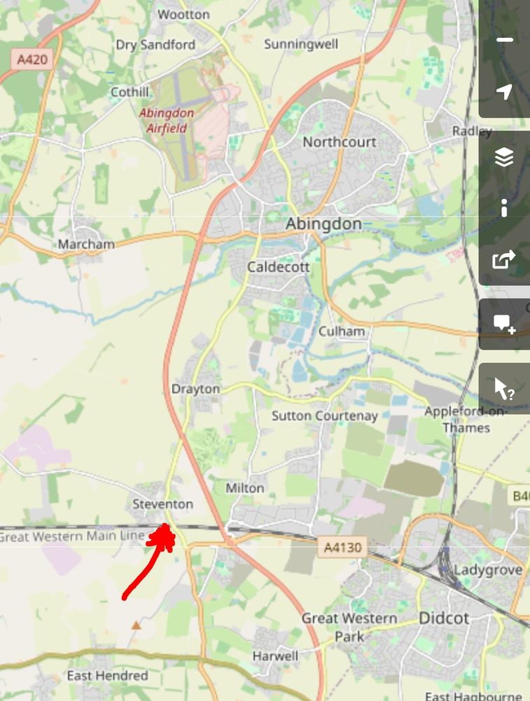 Openstreetmap screen grab showing Abingdon and villages south, red marker showing closed road at Steventon village southern end.
