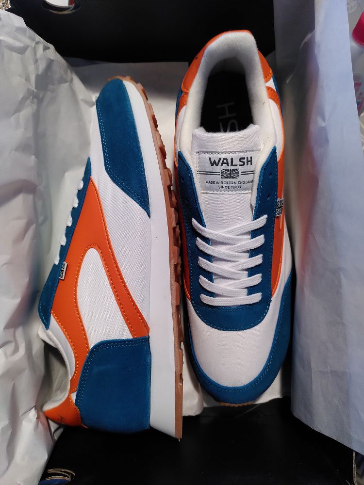 Box fresh Norman Walsh Horwich model shoes in white, teal and orange.