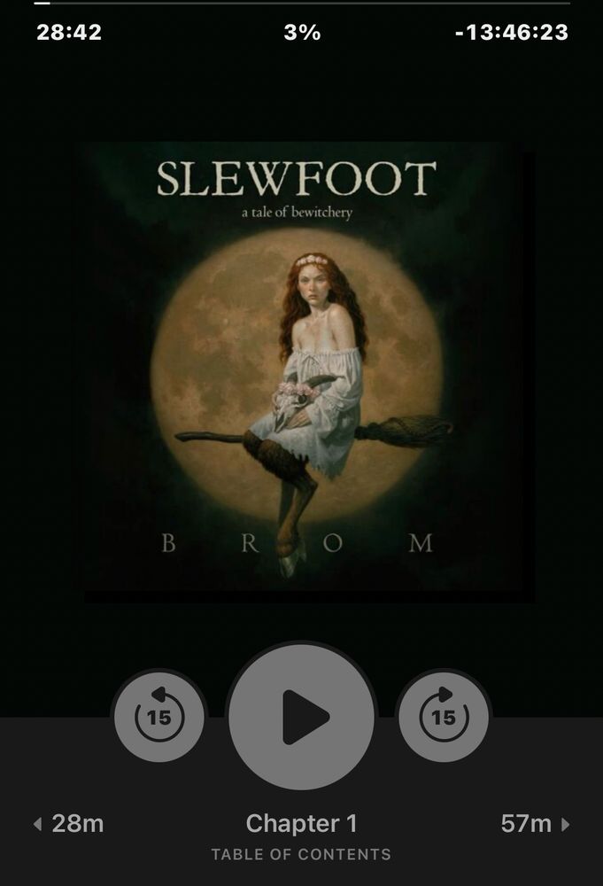 Book cover of slewfoot by Brom. A girl with goat legs sitting on a flying broomstick in front of a full moon.