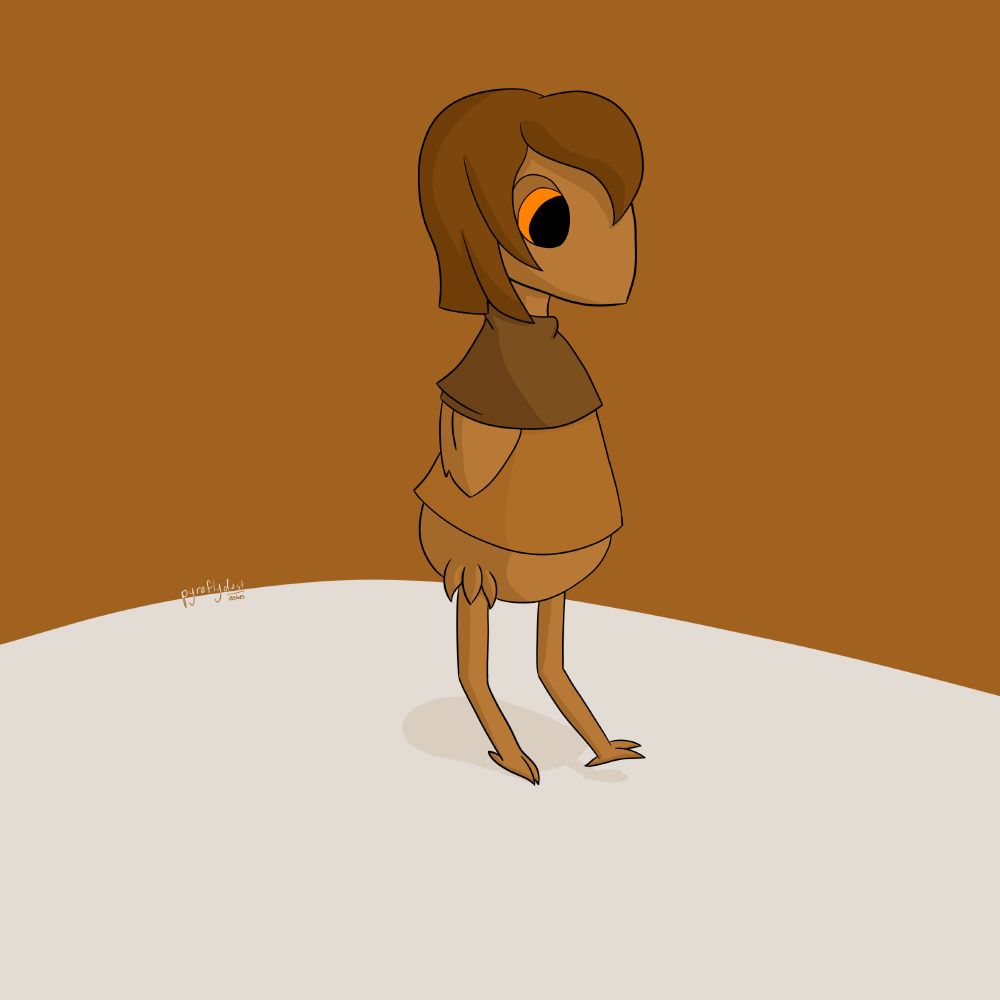 a drawing of a bird like creature whose entire head seems to be made of the same material as her beak. she has large eyes, one of which is visible. she has medium length hair and wears a small cloak over a shirt. her wings are tucked up under the cloak. she appears to be looking down at the snow under her feet.