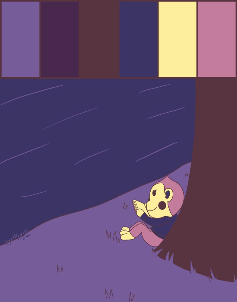 nana, an anthropomorphic monkey from animal crossing, sits against a tree by the river. she is reading a book. above the drawing there are six rectangles, each representing one of the six colors used to create it.