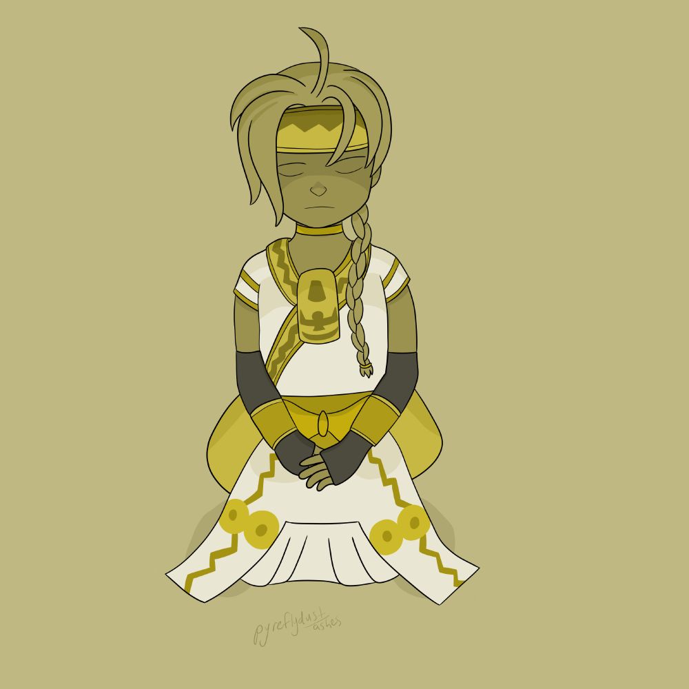 a young man sits with his knees in front of him and his hands folded on his lap. he has long hair, some falling over his face and some in a braid that hangs over one shoulder.