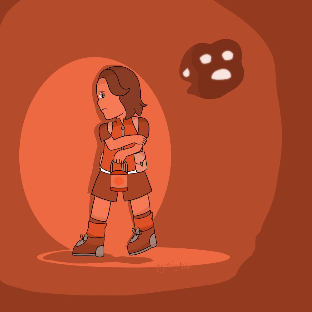 drawing of a young boy with medium length hair walking through a dark area while holding a lantern. the lantern casts light and shadow around him. there is a strange but small monster floating behind him. it has two twisted faces, one facing the boy and the other facing the viewer. the boy is holding his arms close and appears to be moving slowly. he looks back at the monster anxiously.