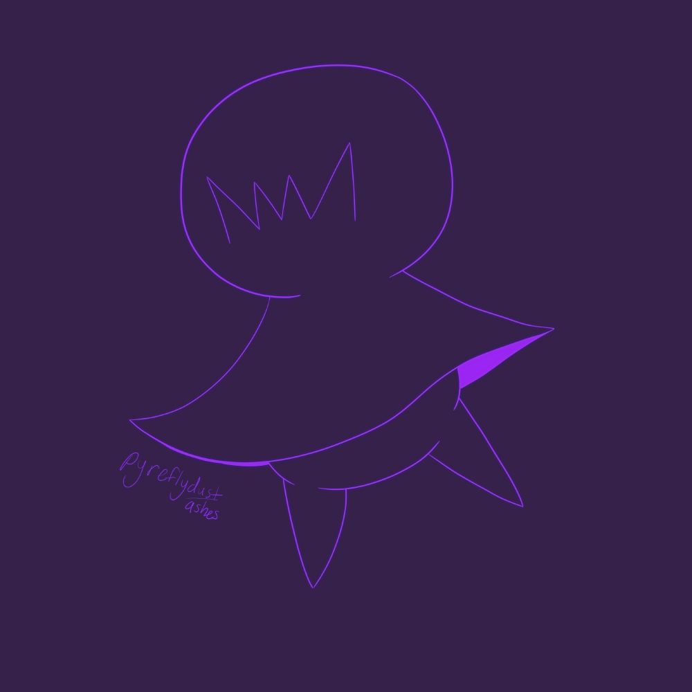 a drawing of a creature with a round head and a simple body with no arms and legs that end in points rather than feet. the creature appears to have a sheet or something similar over its head. the outline of the creature and the underside of the sheet part are bright and the background is dark. the creature has no color because it's meant to be otherwise transparent.