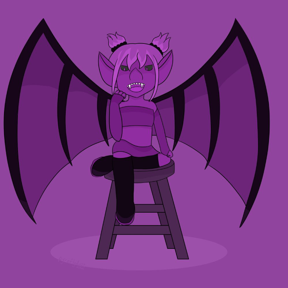 drawing of a woman with large bat-like wings sitting on a stool. her hand is on her chin and her elbow is on her knee. she has a mischievous smile on her face and a mouth full of sharp teeth.