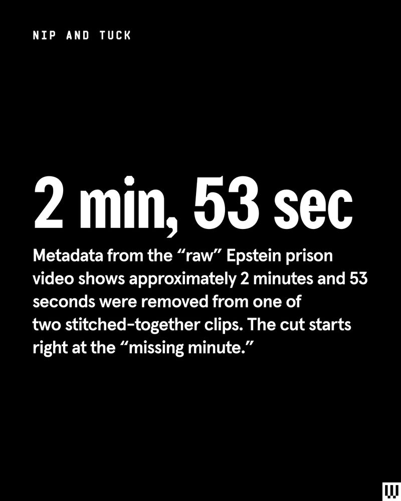 Metadata from the “raw” Epstein prison video shows approximately 2 minutes and 53 seconds were removed from one of two stitched-together clips. The cut starts right at the “missing minute.”




