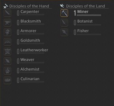 FFXIV gathering menu, only miner has been freshly unlocked