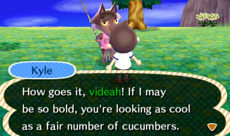 Screenshot of Animal Crossing: New Leaf running in an emulator, with my fursona in game wearing a pink “werewolf boyfriend” shirt, talking to a human villager