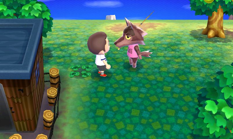 Screenshot of Animal Crossing: New Leaf running in an emulator, with my fursona in game wearing a pink “werewolf boyfriend” shirt, talking to a human villager 